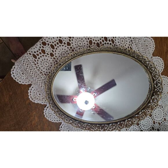 VTG Hollywood Regency Oval Filigree Mirror Vanity Tray 6.5 x 11./4" Gold - Picture 1 of 6